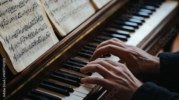 Obraz Hands playing piano with sheet music. Focused, cultured and relaxing mood.
