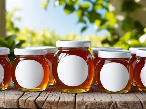 Obraz Blank label honey jars mockup on nature background.