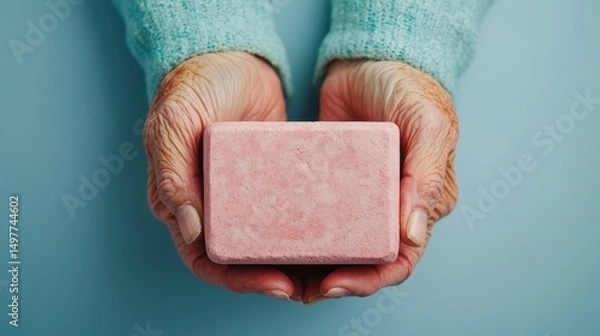 Fototapeta Elderly hands gently holding a pink bar of soap against a soft blue background.