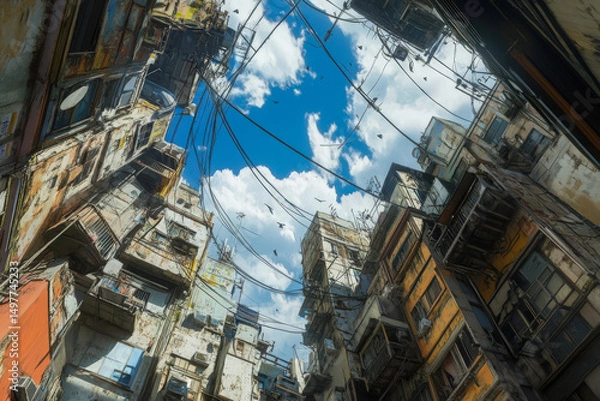 Fototapeta Densely packed deteriorating buildings with exposed wiring, viewed from below toward a bright sky filled with birds in flight.