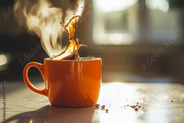 Fototapeta Dramatic splash of steaming coffee from a vibrant orange mug on a sunlit surface, captured in a cozy indoor setting.