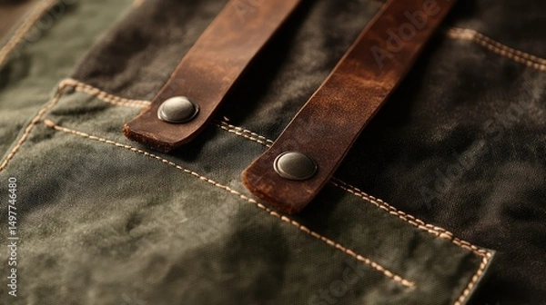Obraz Close-up of a rustic waxed canvas apron with leather straps and metal rivets.