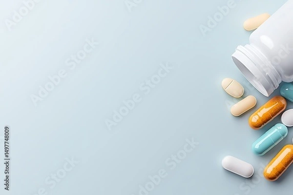 Fototapeta Assorted dietary supplements spilling from a bottle