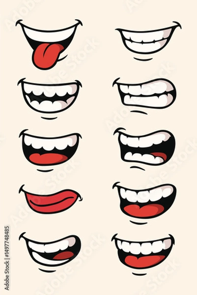 Fototapeta Cartoon mouth expression vector set comic style elements