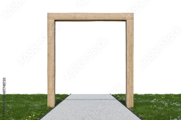 Fototapeta Gravel walking path and wooden frame entrance. 3d rendering of nature garden with empty background.