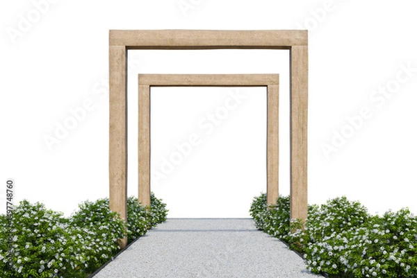 Fototapeta Gravel walking path and wooden frame entrance. 3d rendering of nature garden with empty background.