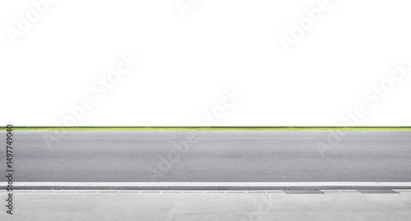 Fototapeta Empty asphalt road leading to white background with grass and sidewalk