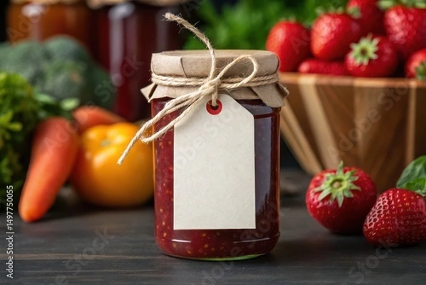 Fototapeta market stall sign mockup. A jar of strawberry jam with a blank label surrounded by fresh fruits and vegetables.