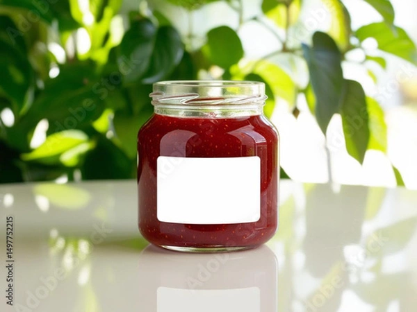 Obraz Blank label strawberry jam jar mockup on nature background.