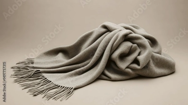 Obraz Beige cashmere scarf with fringes draped on a neutral background. Cozy comfort.