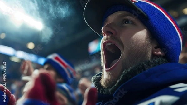 Obraz Excited sports fan cheering loudly in a cold stadium, breath visible, intense.
