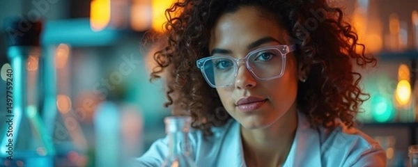 Fototapeta Scientist, wearing glasses, lab coat, in laboratory setting. Focus on experiment, research, innovation. Woman with curly hair, working with glassware. Bright colors enhance scientific discovery,