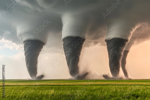 Fototapeta Rare sight with multiple tornadoes forming simultaneously, with each funnel visible against a turbulent sky