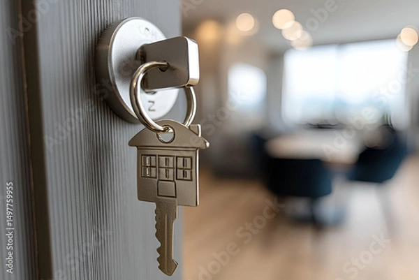 Fototapeta Close-up of a house key in a modern door lock, symbolizing new beginnings and homeownership.