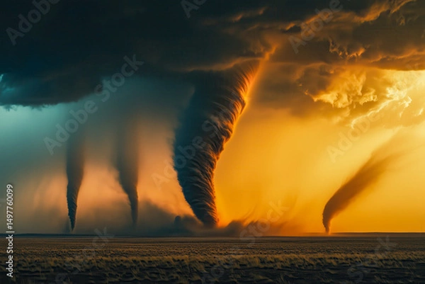 Fototapeta Rare sight with multiple tornadoes forming simultaneously, with each funnel visible against a turbulent sky