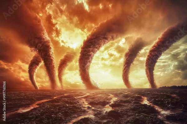 Fototapeta Rare sight with multiple tornadoes forming simultaneously, with each funnel visible against a turbulent sky