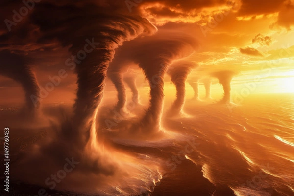 Fototapeta Rare sight with multiple tornadoes forming simultaneously, with each funnel visible against a turbulent sky
