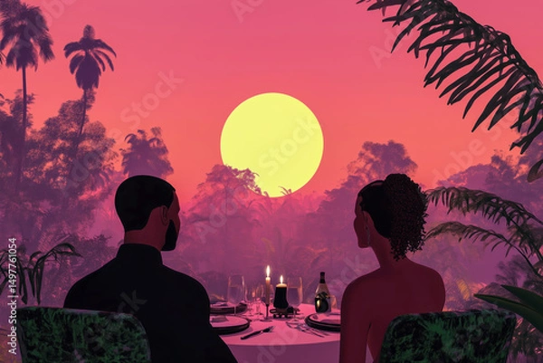 Fototapeta Romantic date scene on a reality TV show, with a couple enjoying a candlelit dinner in an exotic location