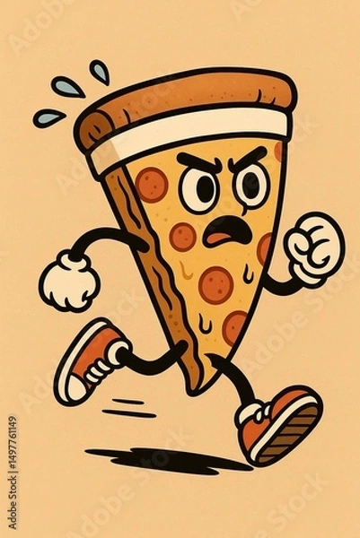 Fototapeta Funny cartoon slice of pepperoni pizza jogging with a determined face, sweat drops, and sneakers. Concept of humorous food character, fitness parody, and energetic illustration