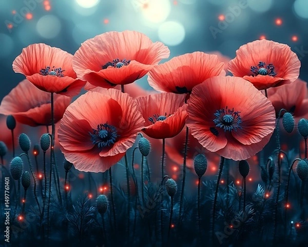 Fototapeta Magical poppy field at night