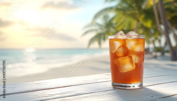 Fototapeta Iced coffee on table with sunny beach background, glass filled with ice, frothy top layer, palm trees swaying in distance, warm and relaxed summer morning 2