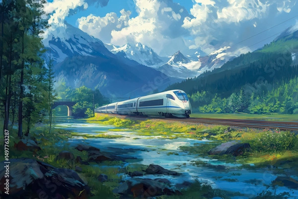 Fototapeta Scenic train journey through the countryside, with a sleek train traveling along tracks surrounded by nature