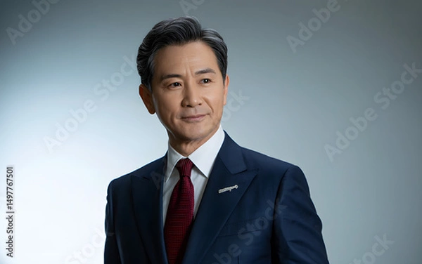 Fototapeta Smiling handsome Japanese businessman in a formal suit and tie looking confident