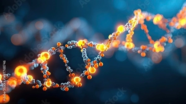 Fototapeta Futuristic glowing DNA double helix structure representing genetic research, biotechnology, molecular biology, and genome editing in digital science environment