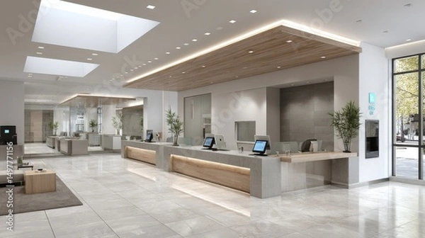 Fototapeta Spacious bank lobby with minimal furniture, a teller at the counter, sleek tech stations 
