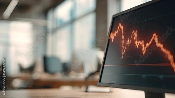 Fototapeta Red downward financial graph on laptop screen in modern office environment, concept of market crash, investment risk, stock decline, and economic volatility