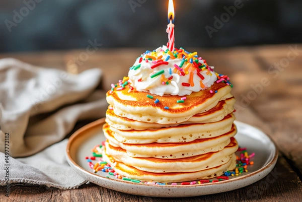 Fototapeta Special birthday breakfast with pancakes stacked high, topped with whipped cream, sprinkles, and a candle