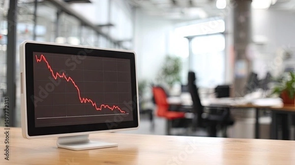 Fototapeta Red downward financial graph on laptop screen in modern office environment, concept of market crash, investment risk, stock decline, and economic volatility