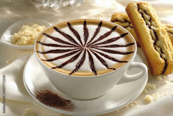 Fototapeta Steaming cup of coffee with a latte art design on top, served with a side of biscotti