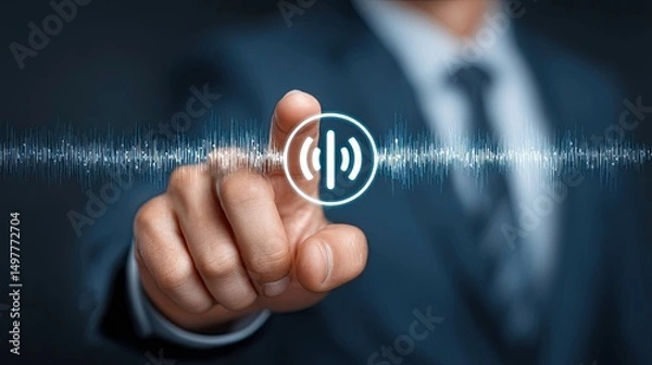 Fototapeta Businessman activating digital voice assistant interface with fingertip, representing smart AI technology, virtual help, and voice command system in corporate environment
