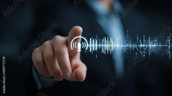 Fototapeta Businessman activating digital voice assistant interface with fingertip, representing smart AI technology, virtual help, and voice command system in corporate environment