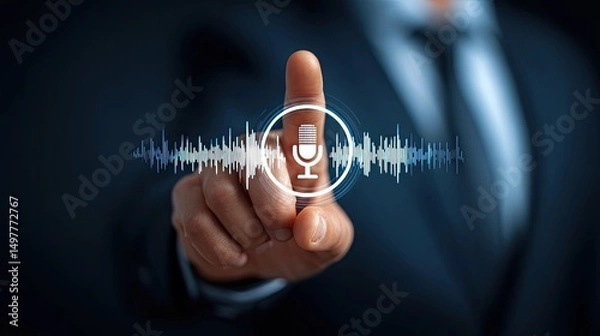 Fototapeta Businessman activating digital voice assistant interface with fingertip, representing smart AI technology, virtual help, and voice command system in corporate environment