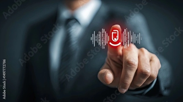 Obraz Businessman activating digital voice assistant interface with fingertip, representing smart AI technology, virtual help, and voice command system in corporate environment
