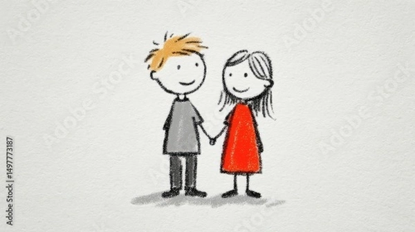 Fototapeta Cute crayon style drawing of a happy boy and girl holding hands, standing together and smiling with love and friendship on textured background.
