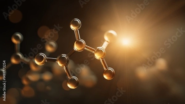 Fototapeta Glowing vitamin B1 molecule structure with golden rays, symbolizing scientific breakthroughs in biochemistry