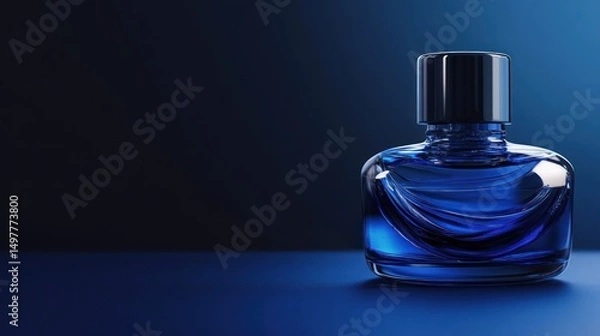 Obraz Elegant blue perfume bottle with dark cap on a dark blue background.