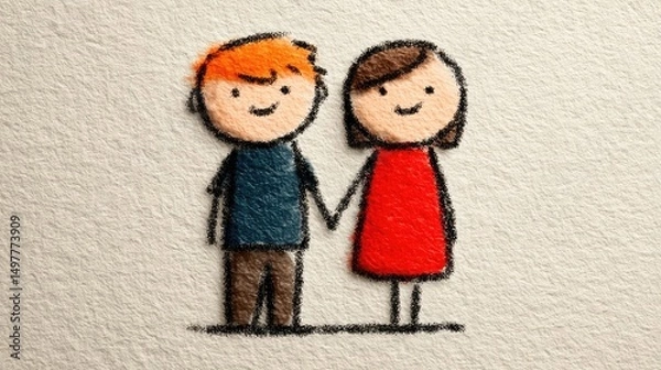 Fototapeta Cute crayon style drawing of a happy boy and girl holding hands, standing together and smiling with love and friendship on textured background.