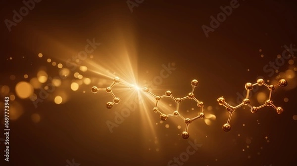 Fototapeta Glowing vitamin B1 molecule structure with golden rays, symbolizing scientific breakthroughs in biochemistry
