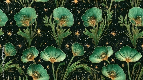 Fototapeta Seamless hand-drawn floral pattern with elegant green poppy flowers and golden line details on dark background, perfect for botanical textile and decorative design.