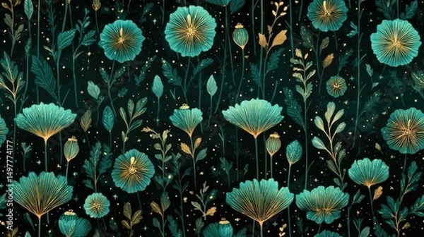 Fototapeta Seamless hand-drawn floral pattern with elegant green poppy flowers and golden line details on dark background, perfect for botanical textile and decorative design.
