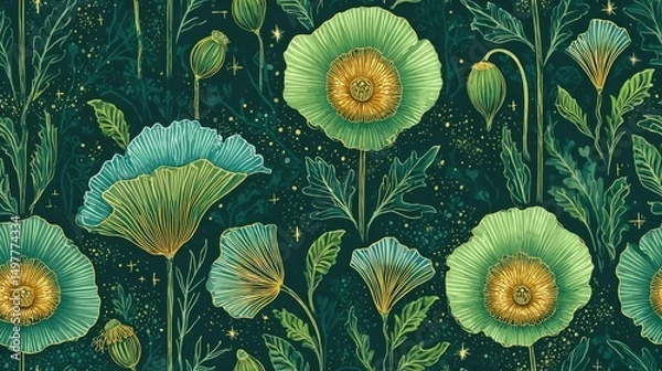 Fototapeta Seamless hand-drawn floral pattern with elegant green poppy flowers and golden line details on dark background, perfect for botanical textile and decorative design.