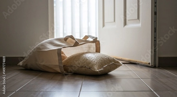 Fototapeta Bag of rice spilled on tiled floor near open door  