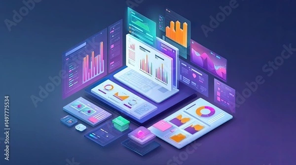Fototapeta Futuristic digital dashboard with neon infographics, data visualization, charts, and analytics interfaces across multiple screens for modern technology and business analysis.