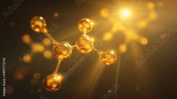 Fototapeta Glowing vitamin B1 molecule structure with golden rays, symbolizing scientific breakthroughs in biochemistry