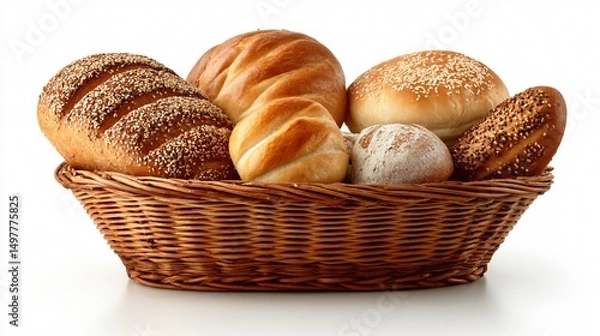 Fototapeta Assorted Bread Loaves in Basket on White Background for Adobestock