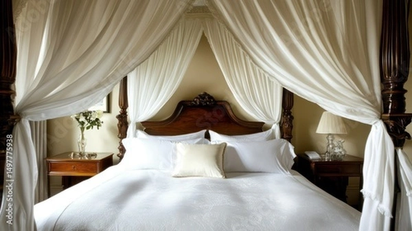 Obraz A luxurious four-poster bed with white canopy, inviting sleep and relaxation.